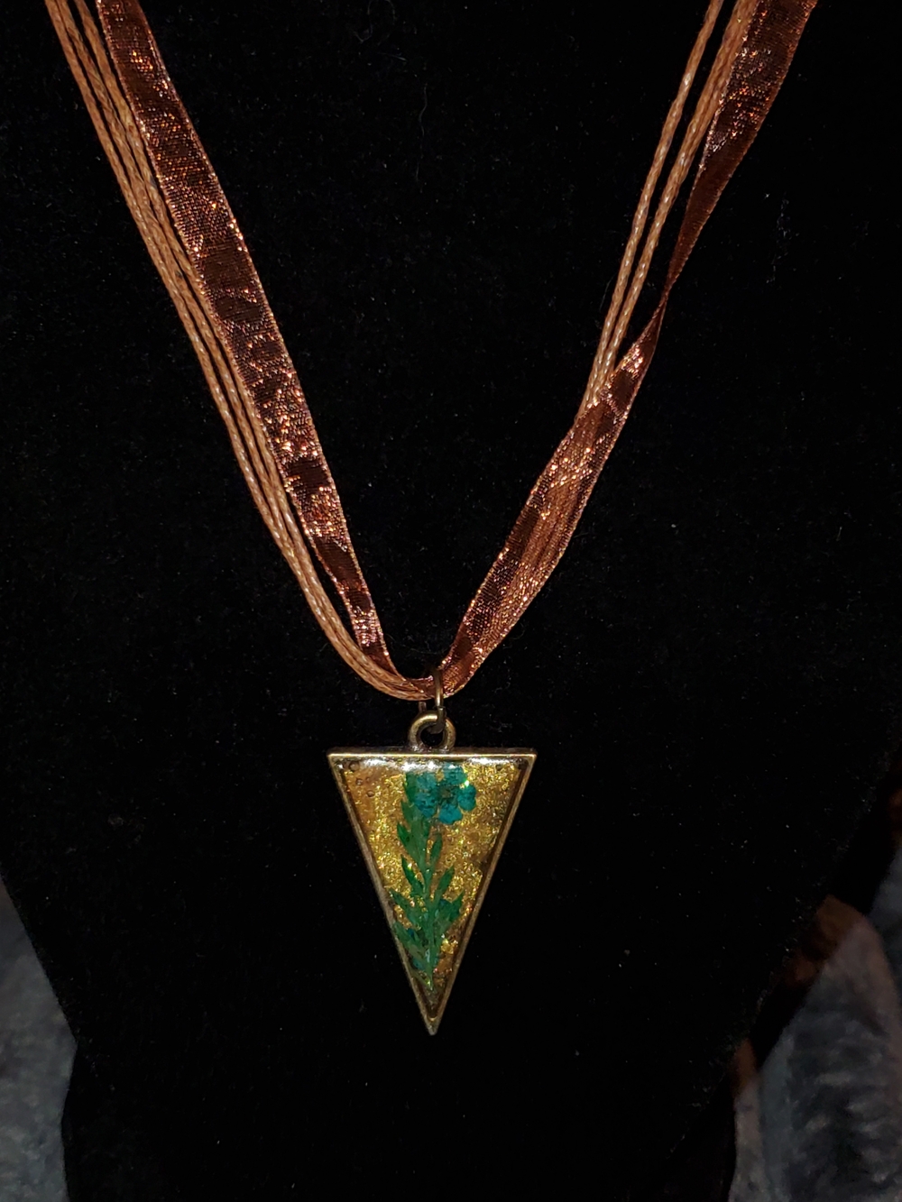 Handcrafted Gold-Tone Triangle Pendant Necklace with Teal Floral Accent
